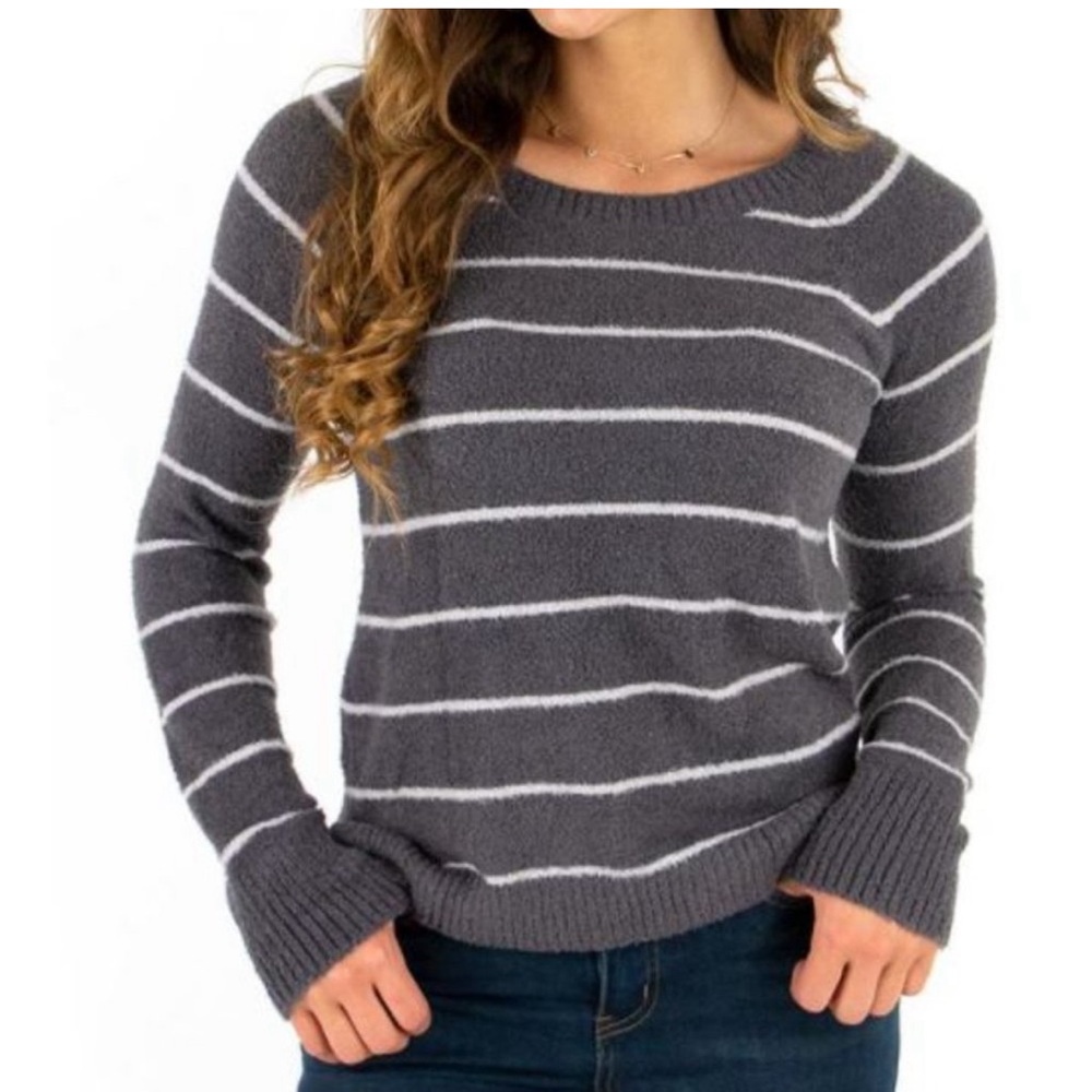 Grace & Lace “bambu” scoop-neck sweater in grey stripe.